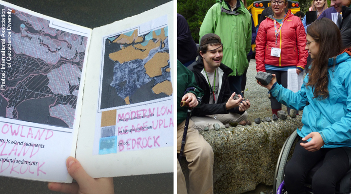 (Left) tactile maps for those with visual impairments, and (Right) geologists at a IAGD event focused on fieldwork availability for all abilities